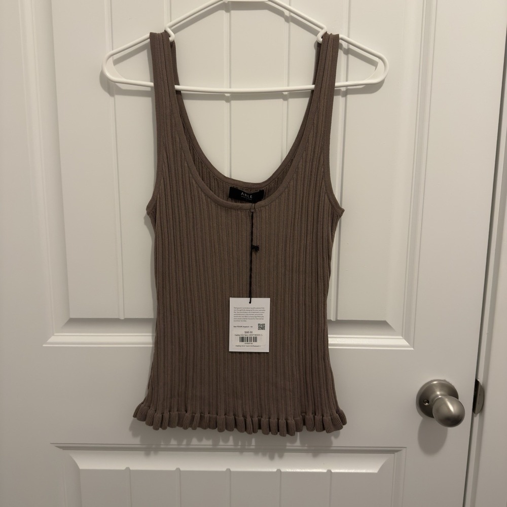 Able Women's Brown Hadley Knit Stretchy Tank Ribbed Ruffle Bottom Size Large